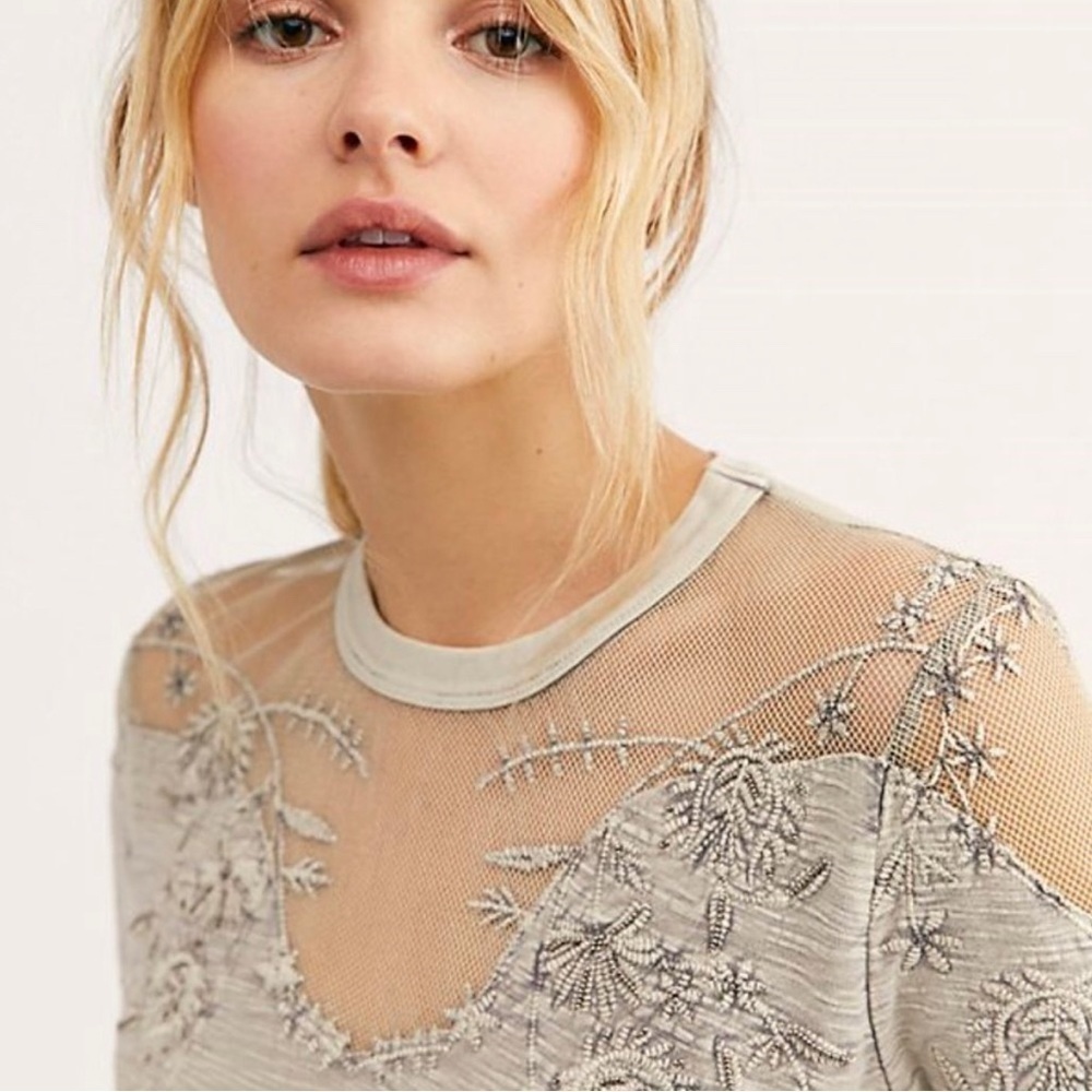 Free People Micha embroidered mesh beaded long sleeve tee gray combo - Picture 3 of 8